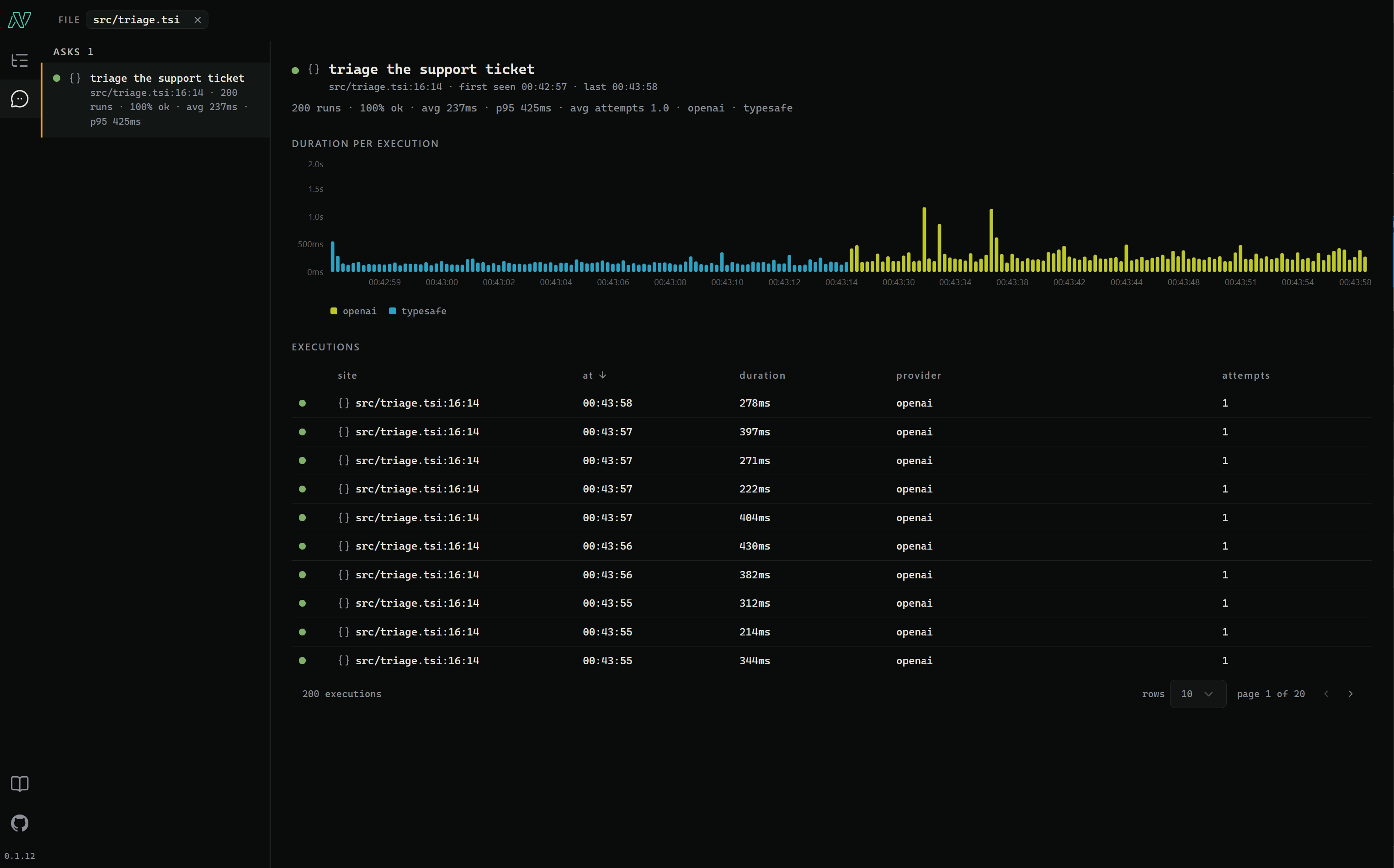 The Nola Console: a list of traces on the left, one trace opened to its asks, and an ask's receipt and timeline on the right